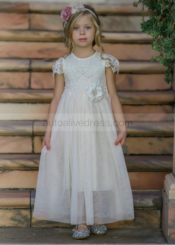 Cap Sleeve Ivory Lace Tulle Keyhole Back Flower Girl Dress